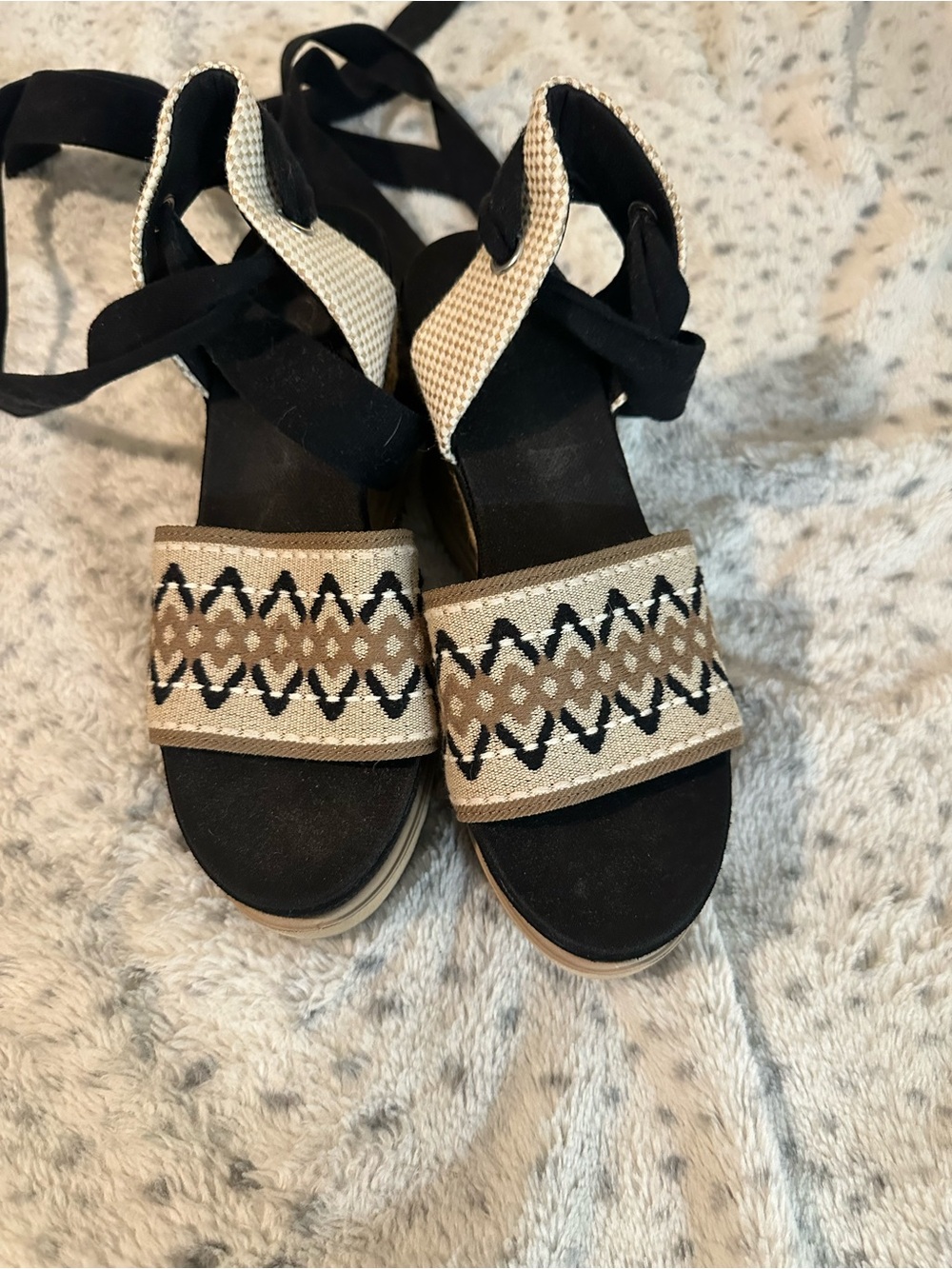 UGG Black and Tan Embroidered Wedge Sandals
